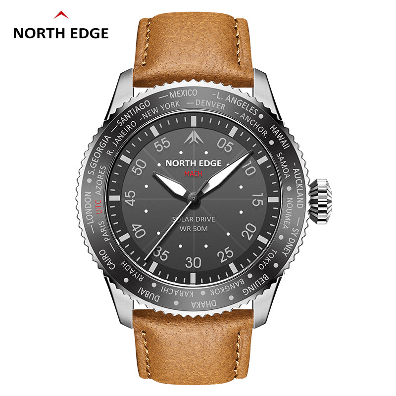 North Edge MACH Silberbraun Outdoor-Sportuhr – Solarbetrieben, wasserdicht, Leuchtzeiger