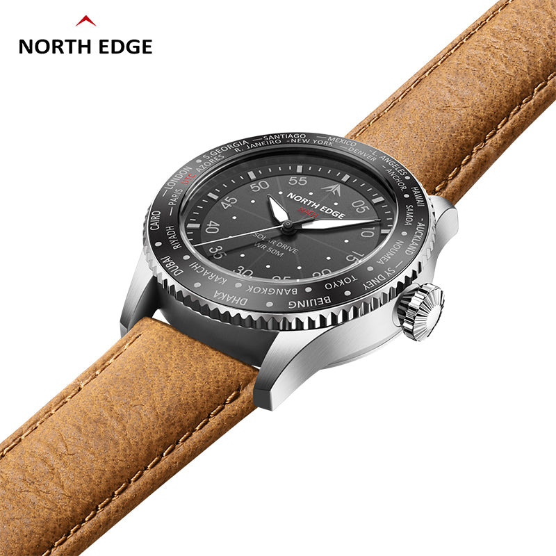 North Edge MACH Silberbraun Outdoor-Sportuhr – Solarbetrieben, wasserdicht, Leuchtzeiger